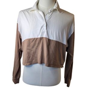 Hollister Cropped Color Block Top Size Large White and Brown